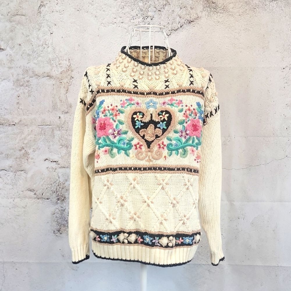 Beldoch Popper Vintage Floral Heart Heavy Knit Cream Sweater Womens Size M
